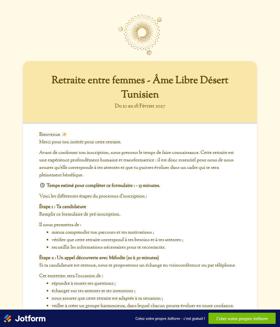 Aperçu du formulaire de pré-inscription à la retraite Âme Libre