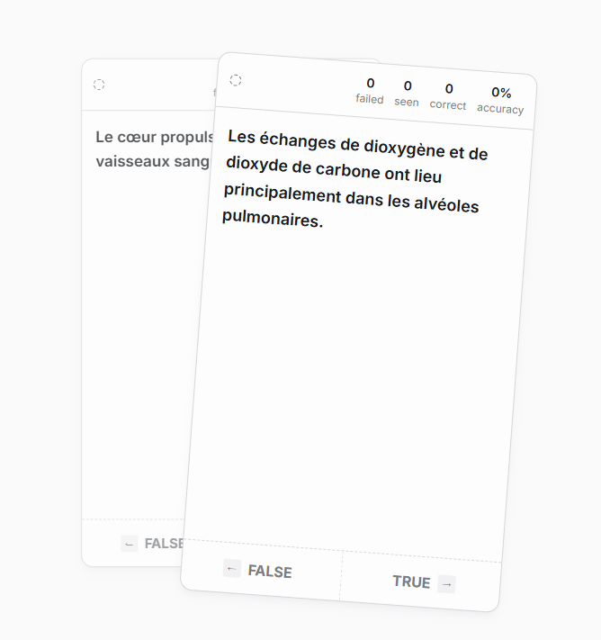 Session Drill présentant une affirmation à valider comme vraie ou fausse